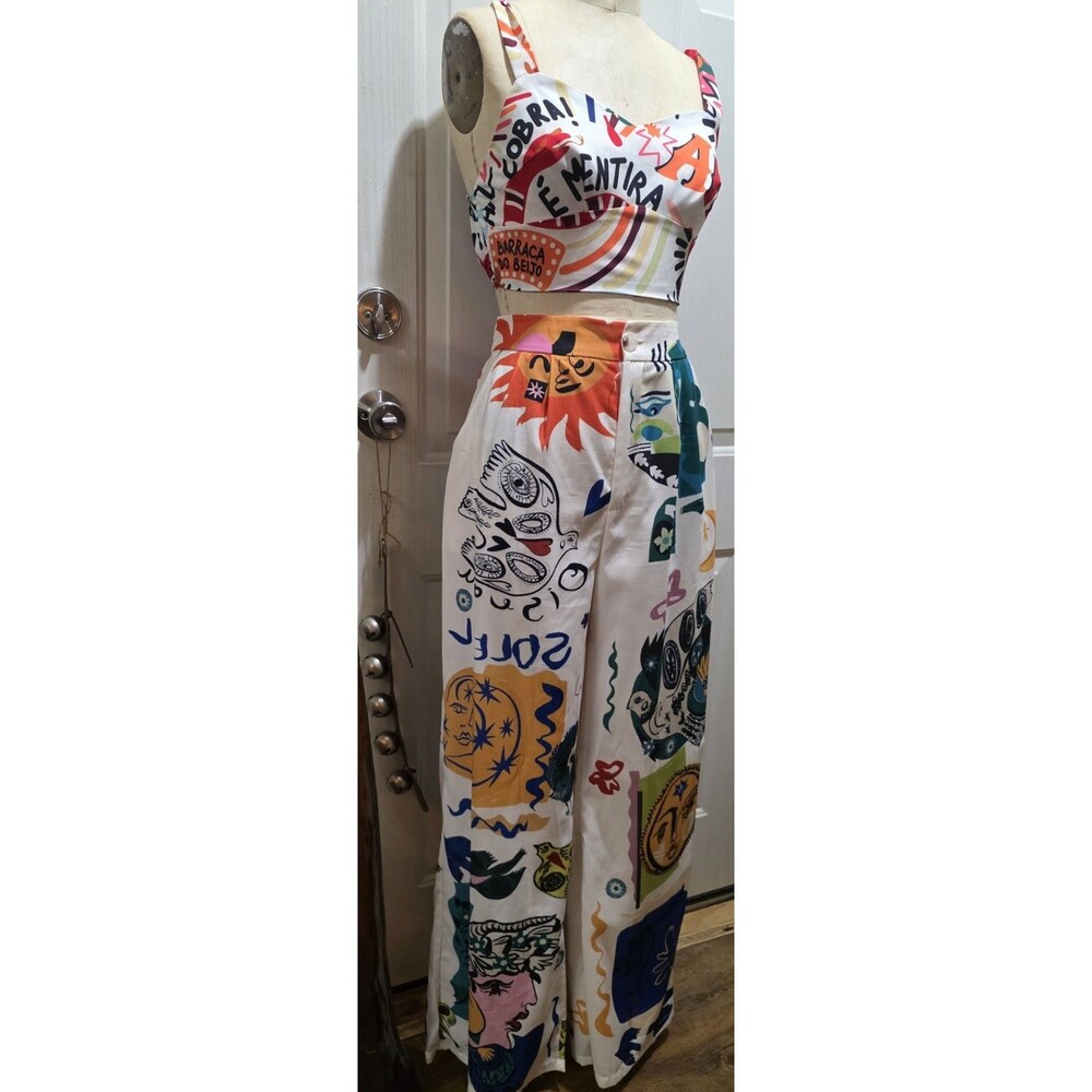 Women's 3 Piece Multicolor Graphic Print Outfit Set Crop Top Pants Shirt